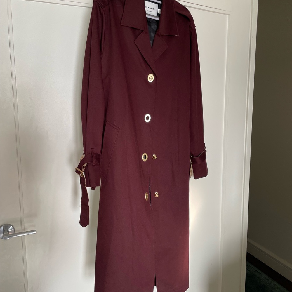 Coach Burgundy Trench Coat with Gold Buttons